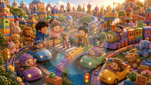 Carrera amistosa en la ciudad de juguetes