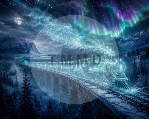 Tren fantasma a través de la aurora boreal