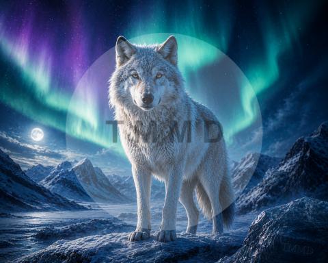 Arctic Wolf Before the Emerald Aurora