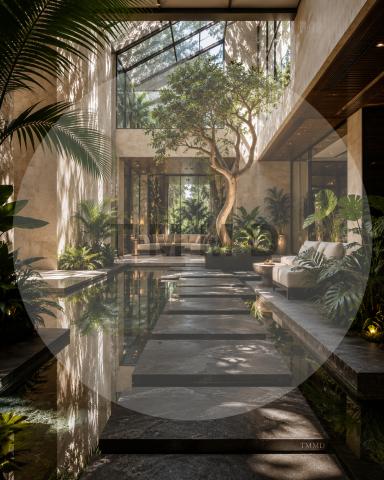 Jardín interior con piscina espejo