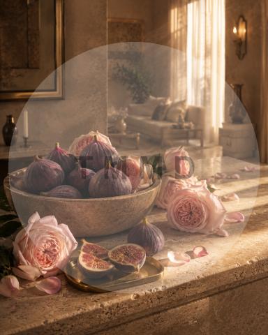 Higos y rosas bajo luz de atardecer