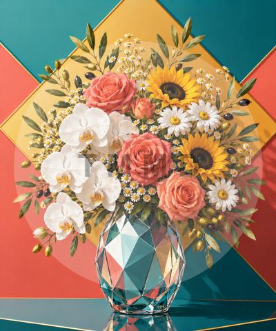 Prism Vase with Roses and Sunflowers