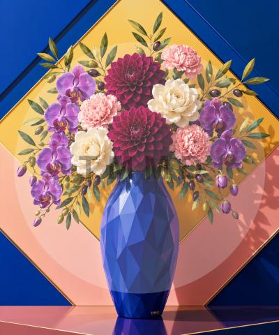 Blue Vase with Orchids and Dahlias