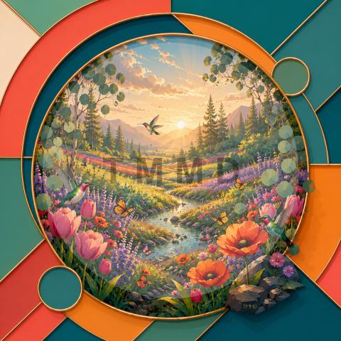 Floral Valley With Hummingbirds