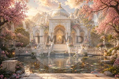 White Temple Among Sacred Cherry Blossoms