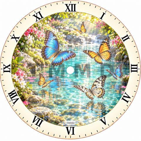 Elegant Butterflies Over Crystal Water Clock Face