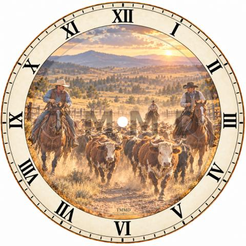 Joyful Cowboys Herding Cattle Clock Face