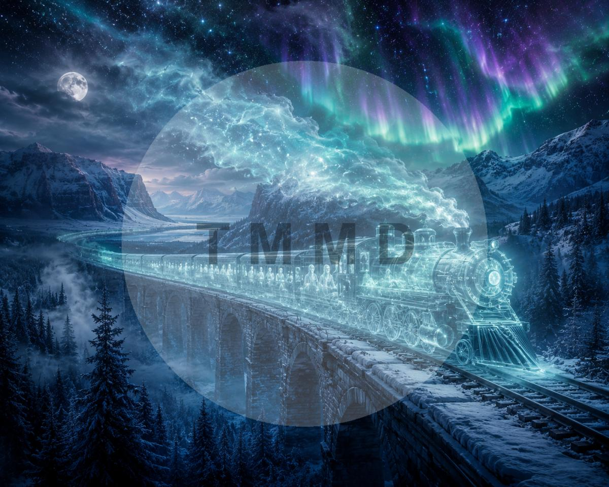 Tren fantasma a través de la aurora boreal