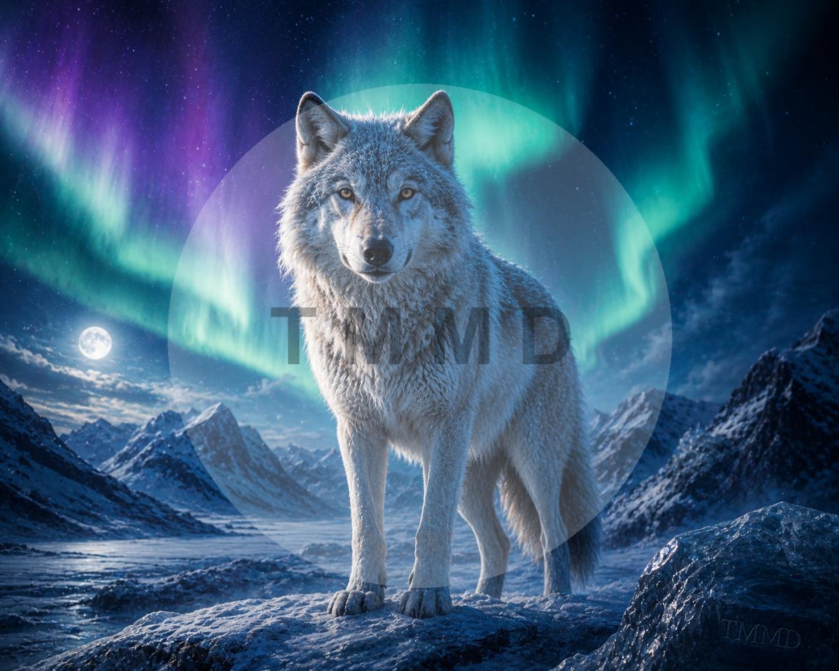 Arctic Wolf Before the Emerald Aurora
