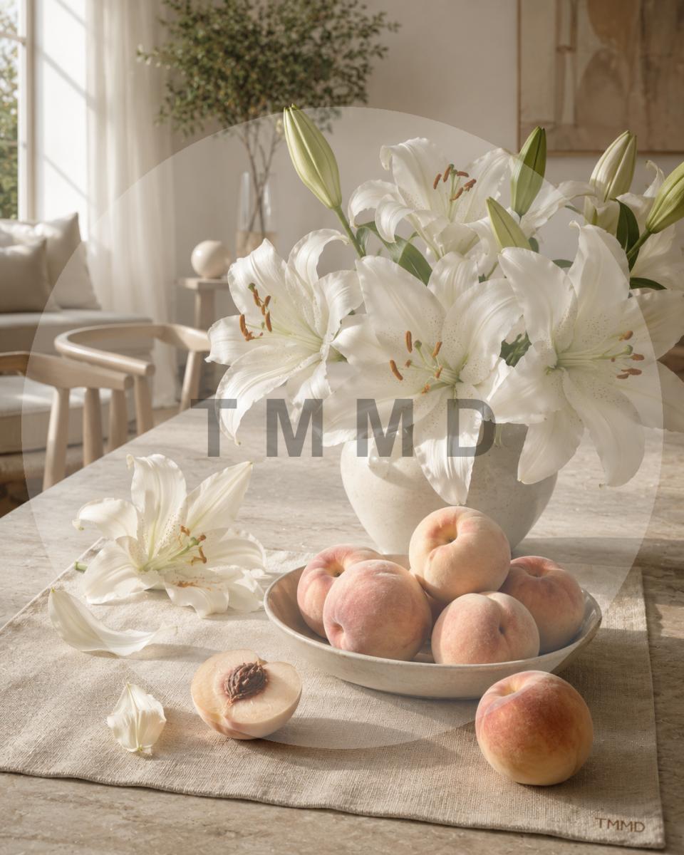 White Lilies and Blush Peaches