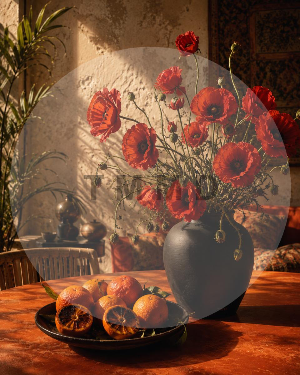 Ramo de amapolas y naranjas quemadas