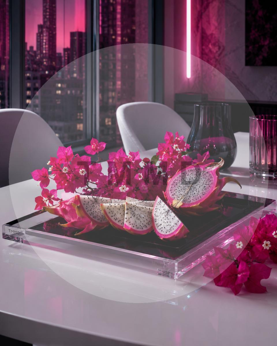 Pitahayas y flores fucsias en neón suave