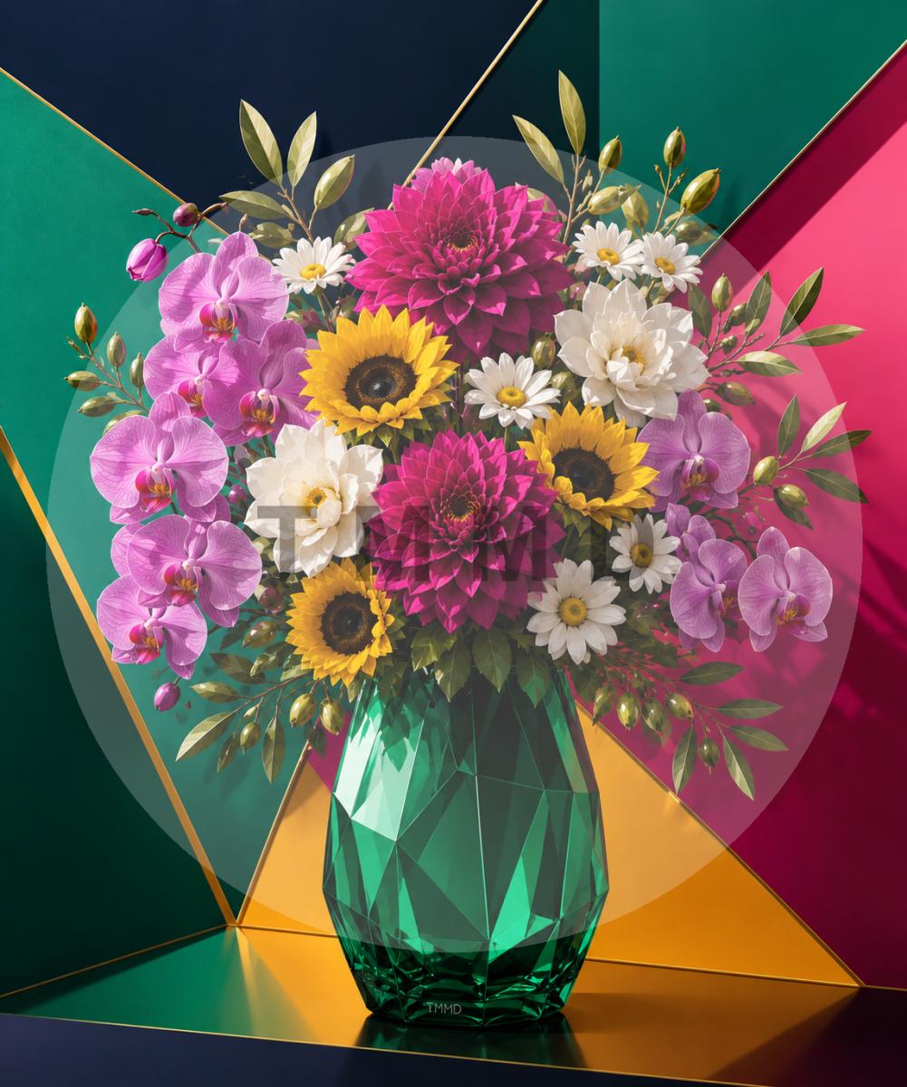 Emerald Vase with Tropical Blooms