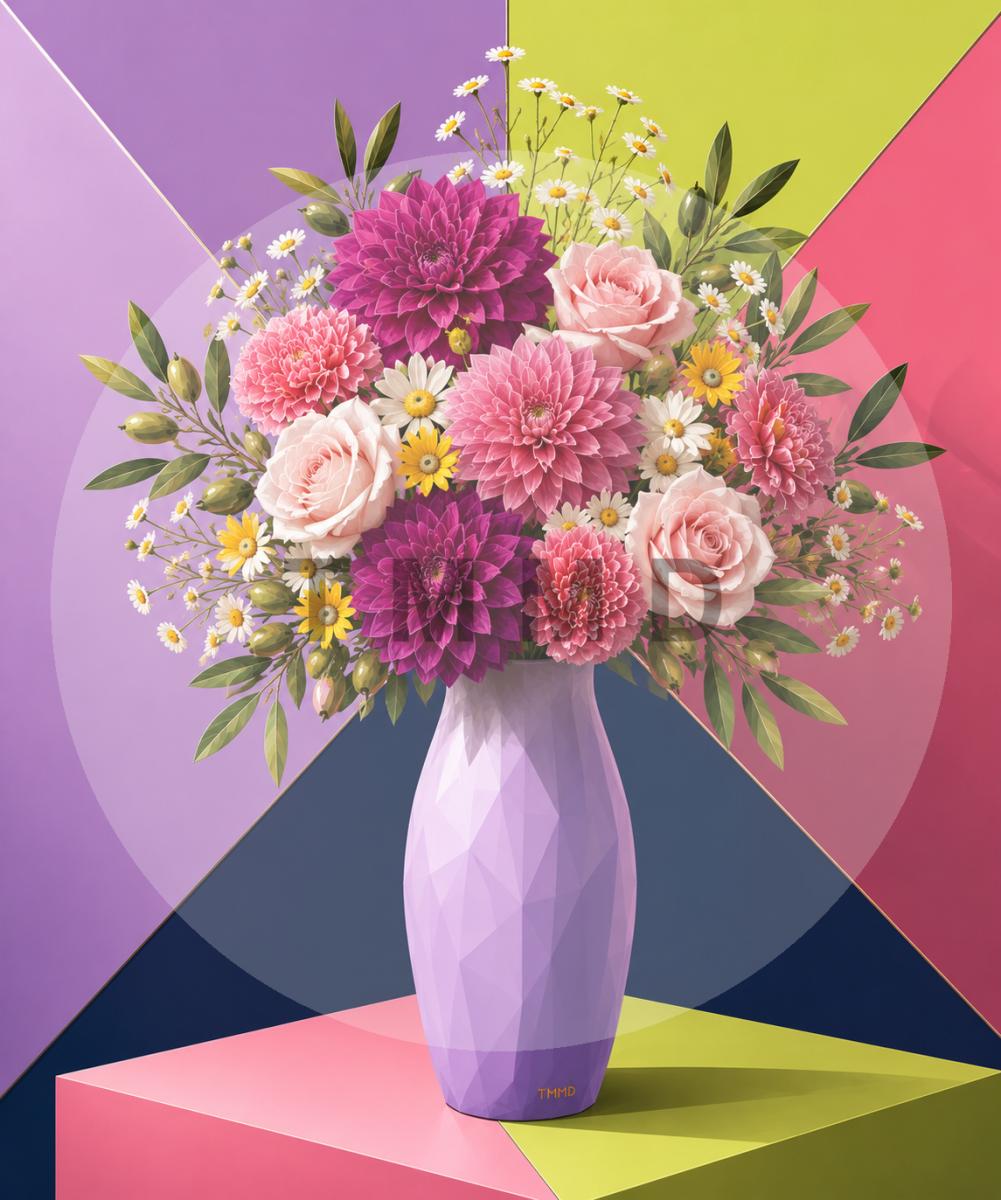 Lilac Vase with Dahlias and Carnations