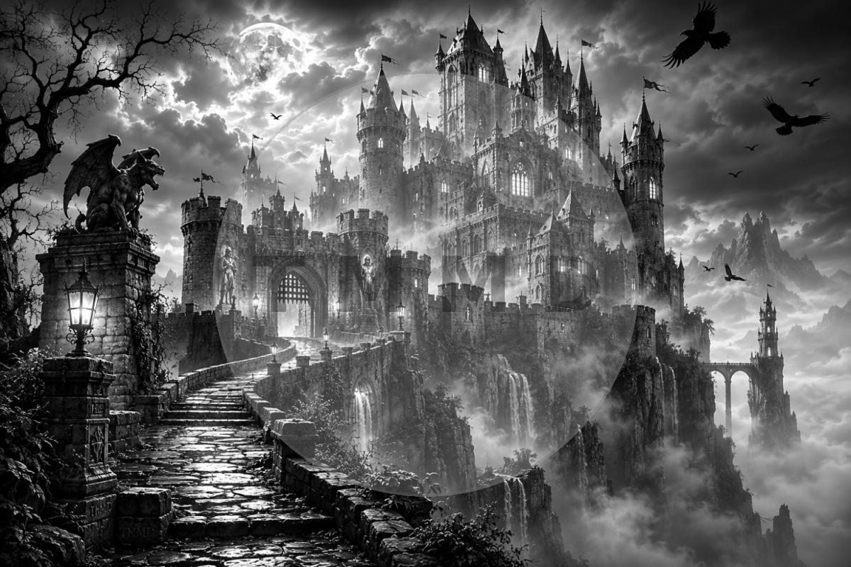 Ancient Castle Above the Foggy Cliff