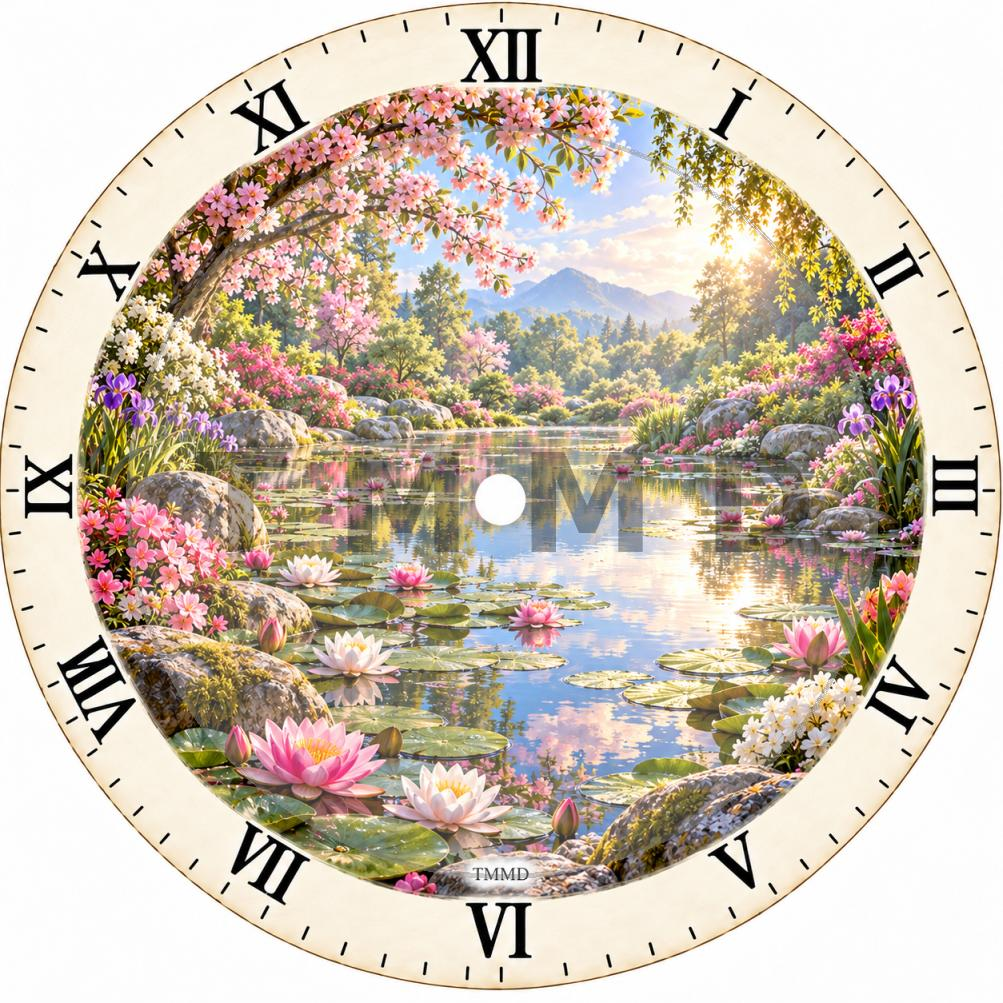Enchanting Quiet Pond With Flowers Clock Face