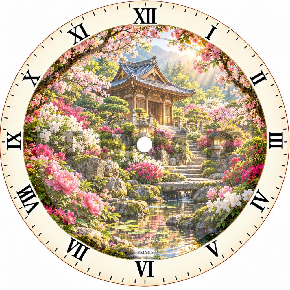 Joyful Small Temple Among Flowers Clock Face