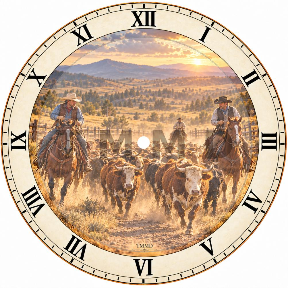 Joyful Cowboys Herding Cattle Clock Face